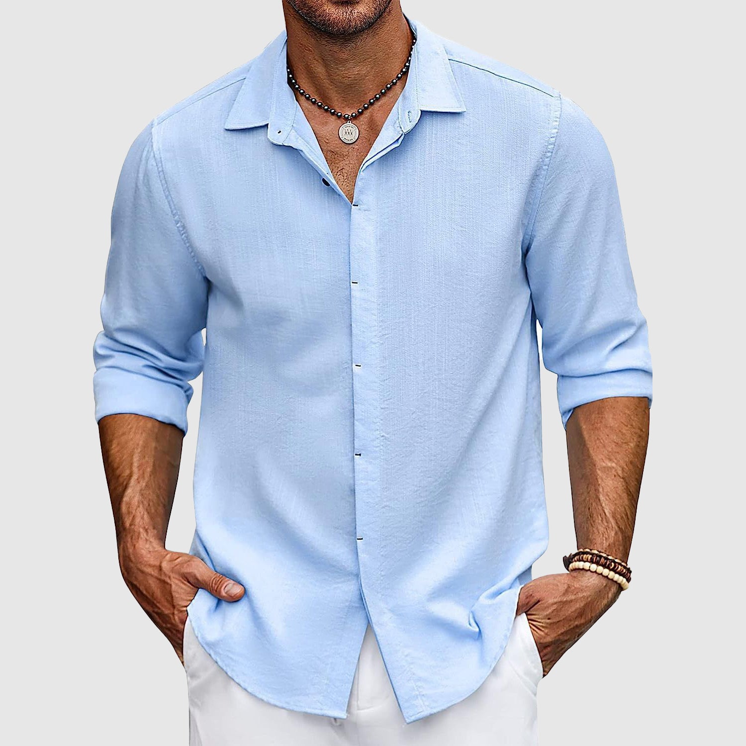 Karel- Elegantes Langarm Poloshirt mit Knopfleiste Blau