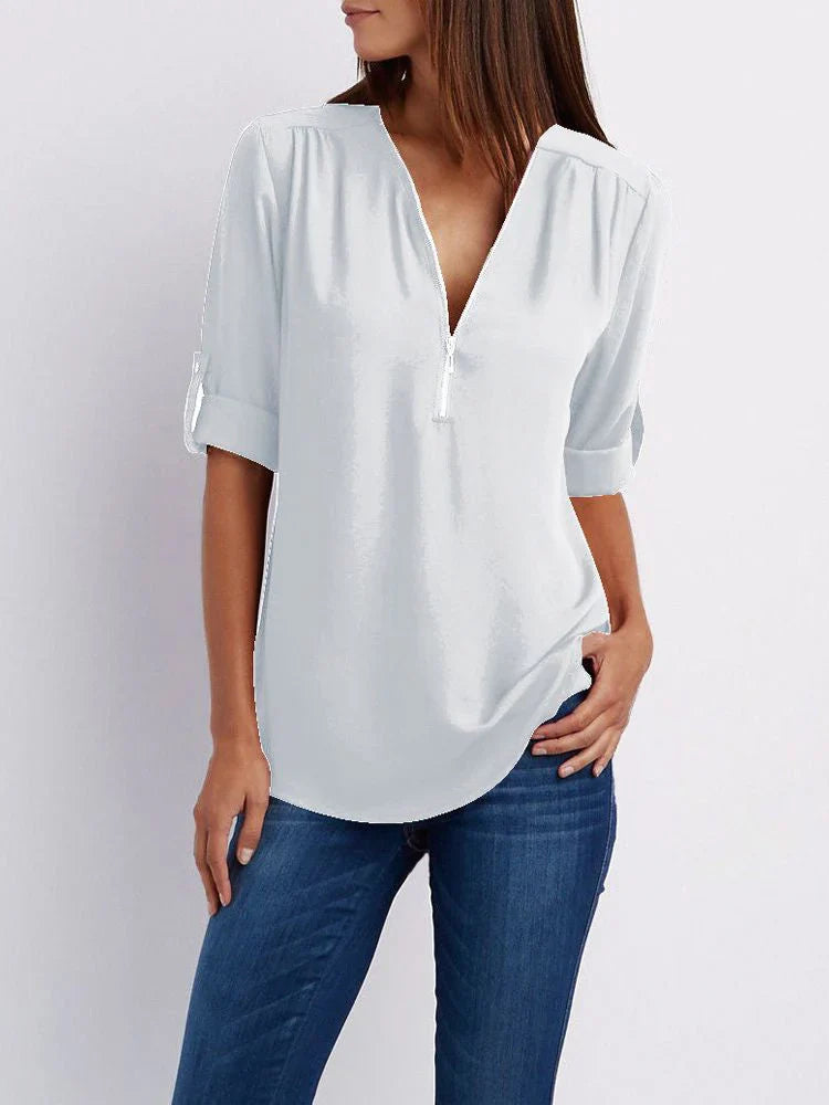 Karine- Damen-Shirt mit Reißverschluss Weiß