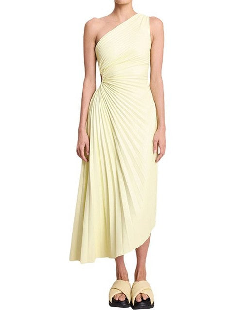 Karoline - Plissiertes One-Shoulder Maxikleid Beige