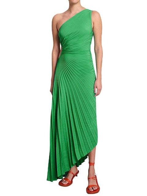 Karoline - Plissiertes One-Shoulder Maxikleid Grun