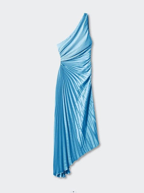 Karoline - Plissiertes One-Shoulder Maxikleid Himmelblau