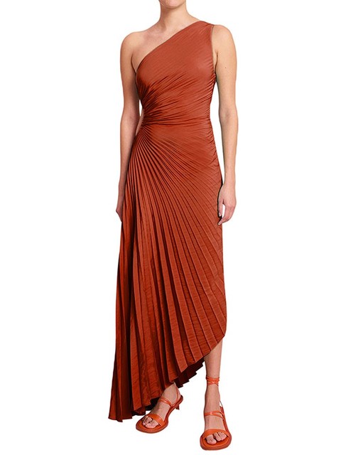 Karoline - Plissiertes One-Shoulder Maxikleid Karamell