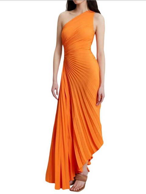 Karoline - Plissiertes One-Shoulder Maxikleid Orange