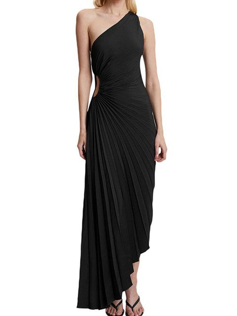 Karoline - Plissiertes One-Shoulder Maxikleid Schwarz