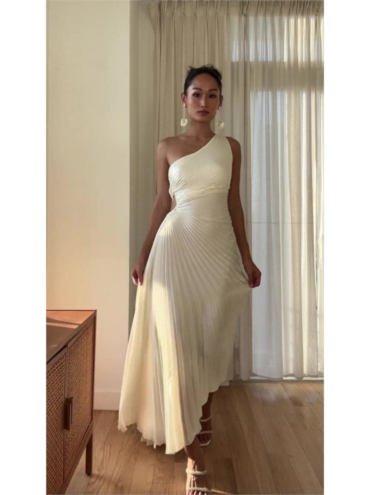 Karoline - Plissiertes One-Shoulder Maxikleid WeiB