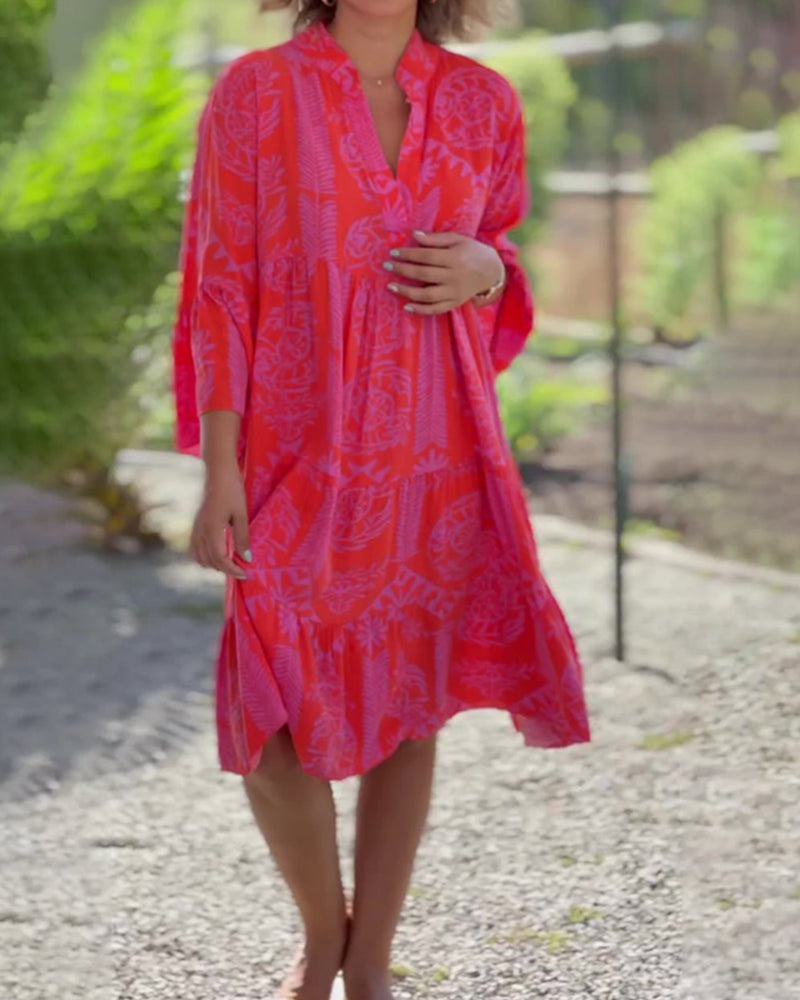 Kathrin - Kleid mit 3/4-Ärmeln und geometrischem Boho-Print Rot
