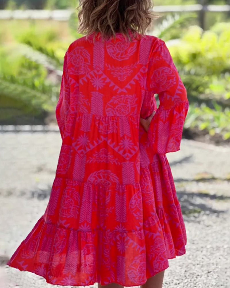 Kathrin - Kleid mit 3/4-Ärmeln und geometrischem Boho-Print Rot 1