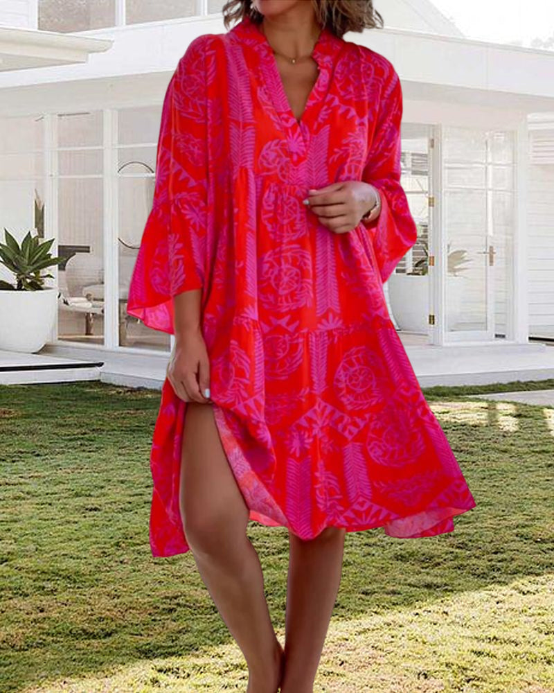 Kathrin - Kleid mit 3/4-Ärmeln und geometrischem Boho-Print Rot 2