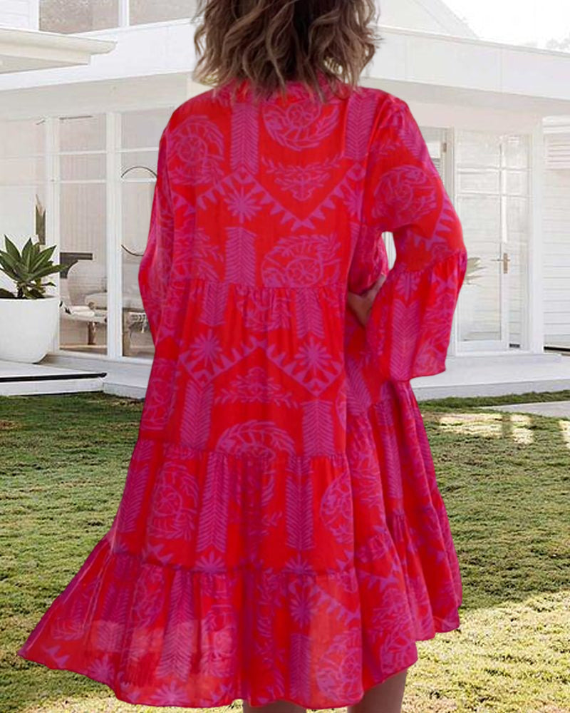 Kathrin - Kleid mit 3/4-Ärmeln und geometrischem Boho-Print Rot 3