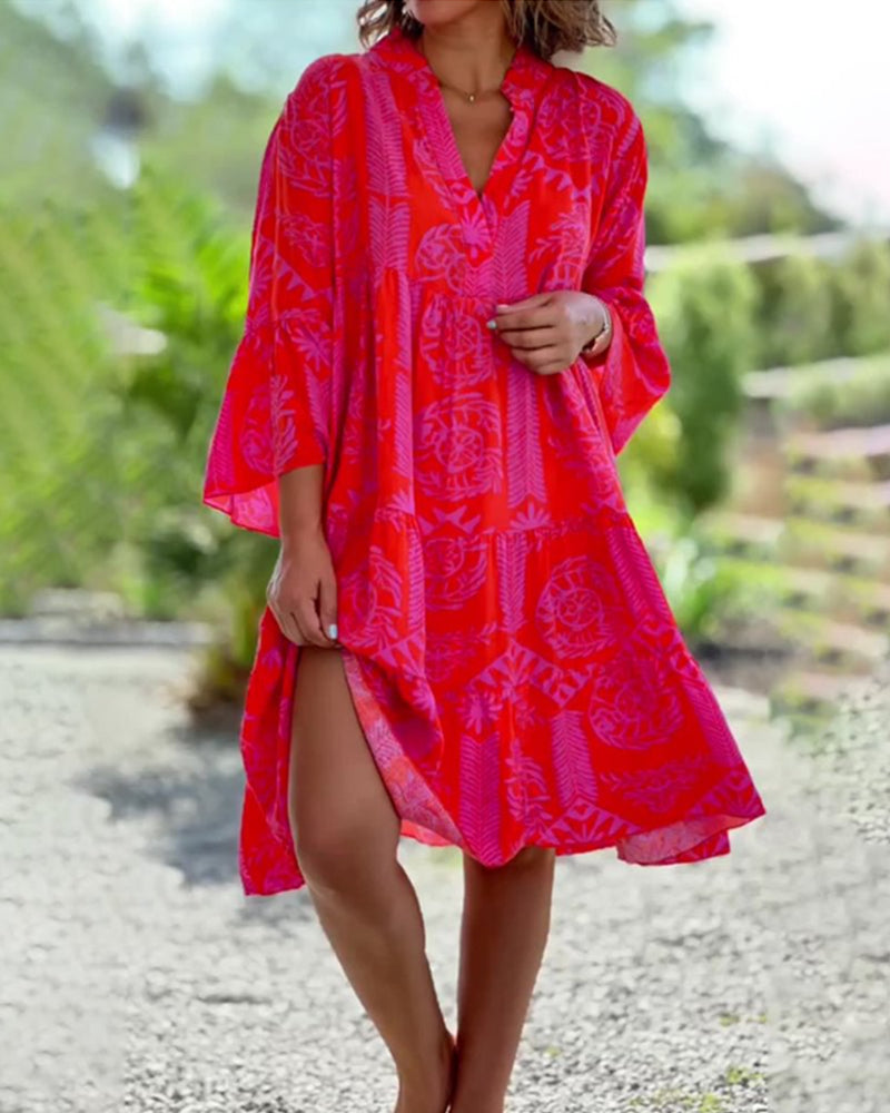 Kathrin - Kleid mit 3/4-Ärmeln und geometrischem Boho-Print Rot 4