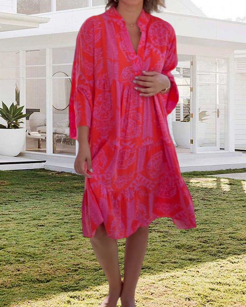 Kathrin - Kleid mit 3/4-Ärmeln und geometrischem Boho-Print Rot 5