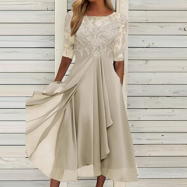 Kimberly - Halbärmeliges mit Spitze besticktes Ballkleid Beige