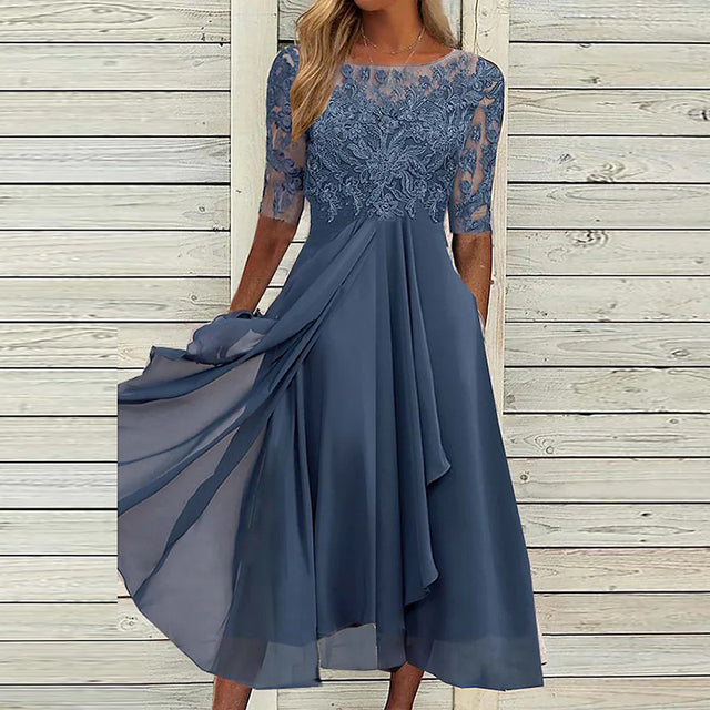 Kimberly - Halbärmeliges mit Spitze besticktes Ballkleid Blau