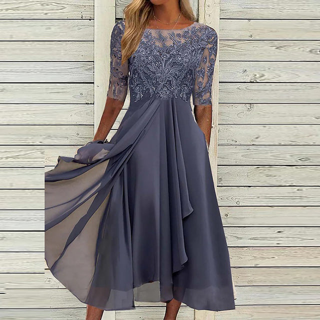 Kimberly - Halbärmeliges mit Spitze besticktes Ballkleid Dunkelgrau