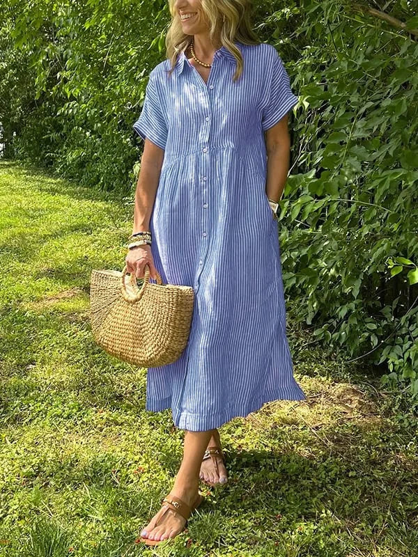 Léonie – Gestreiftes Midi-Kleid mit Knöpfen - Blau