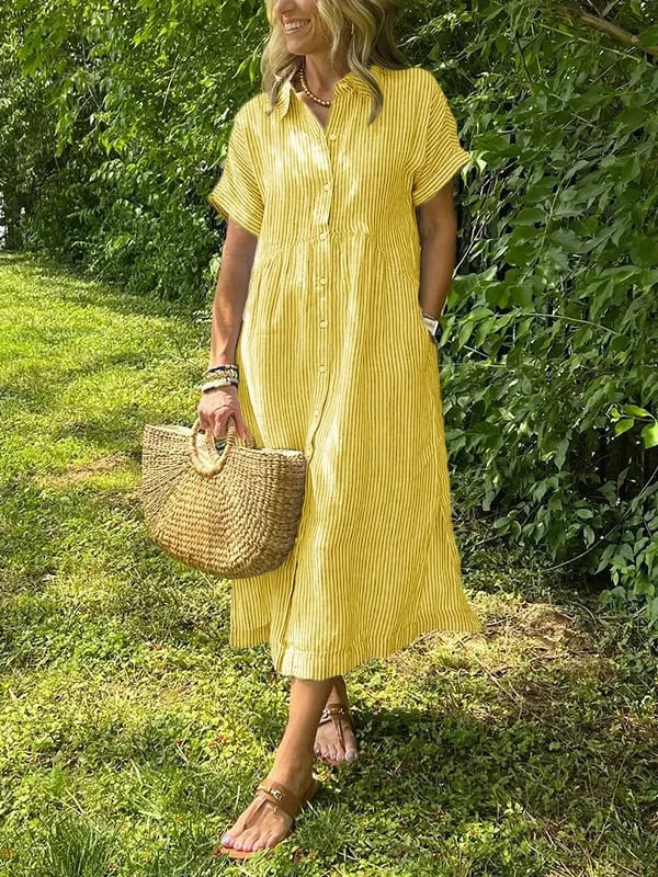 Léonie – Gestreiftes Midi-Kleid mit Knöpfen - Gelb