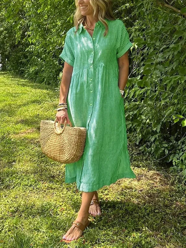Léonie – Gestreiftes Midi-Kleid mit Knöpfen - Grün