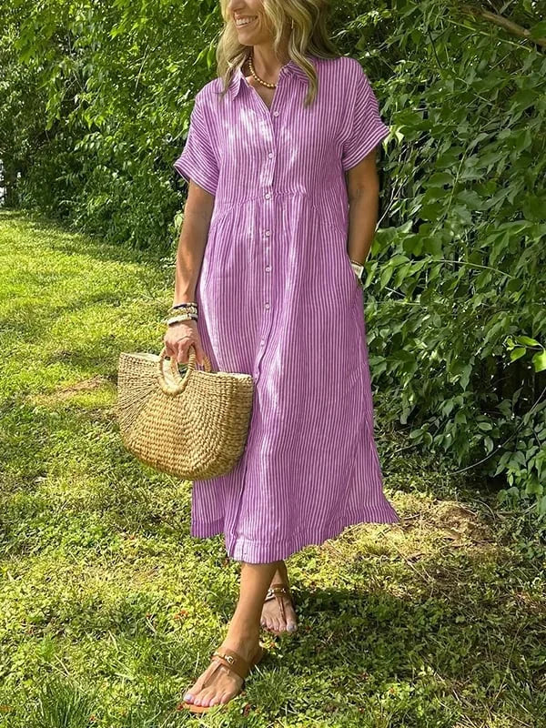 Léonie – Gestreiftes Midi-Kleid mit Knöpfen - Rosa