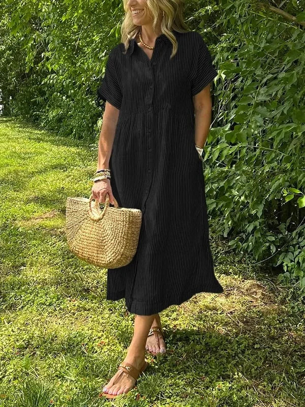 Léonie – Gestreiftes Midi-Kleid mit Knöpfen - Schwarz