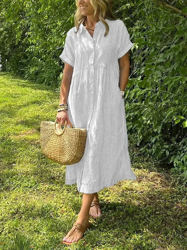 Léonie – Gestreiftes Midi-Kleid mit Knöpfen - Weiß