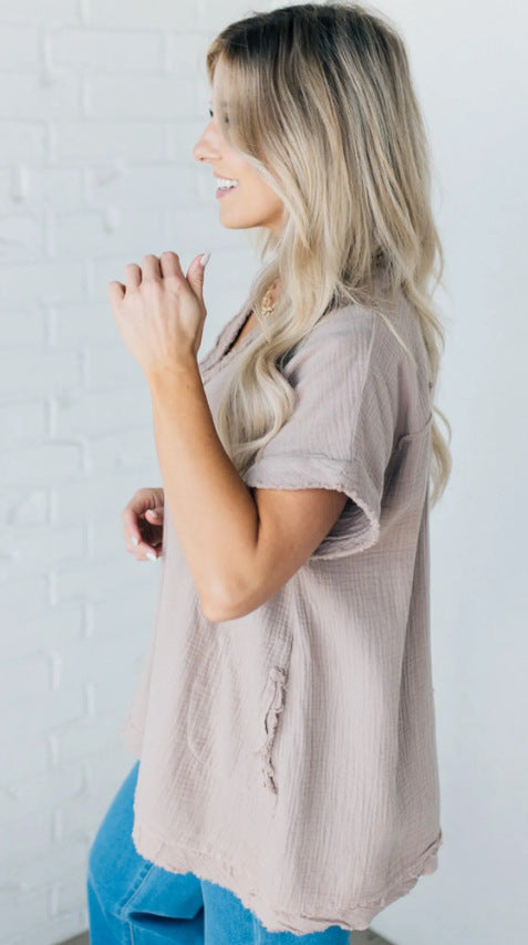 Larissa – Strukturierte V-Ausschnitt-Bluse - Beige