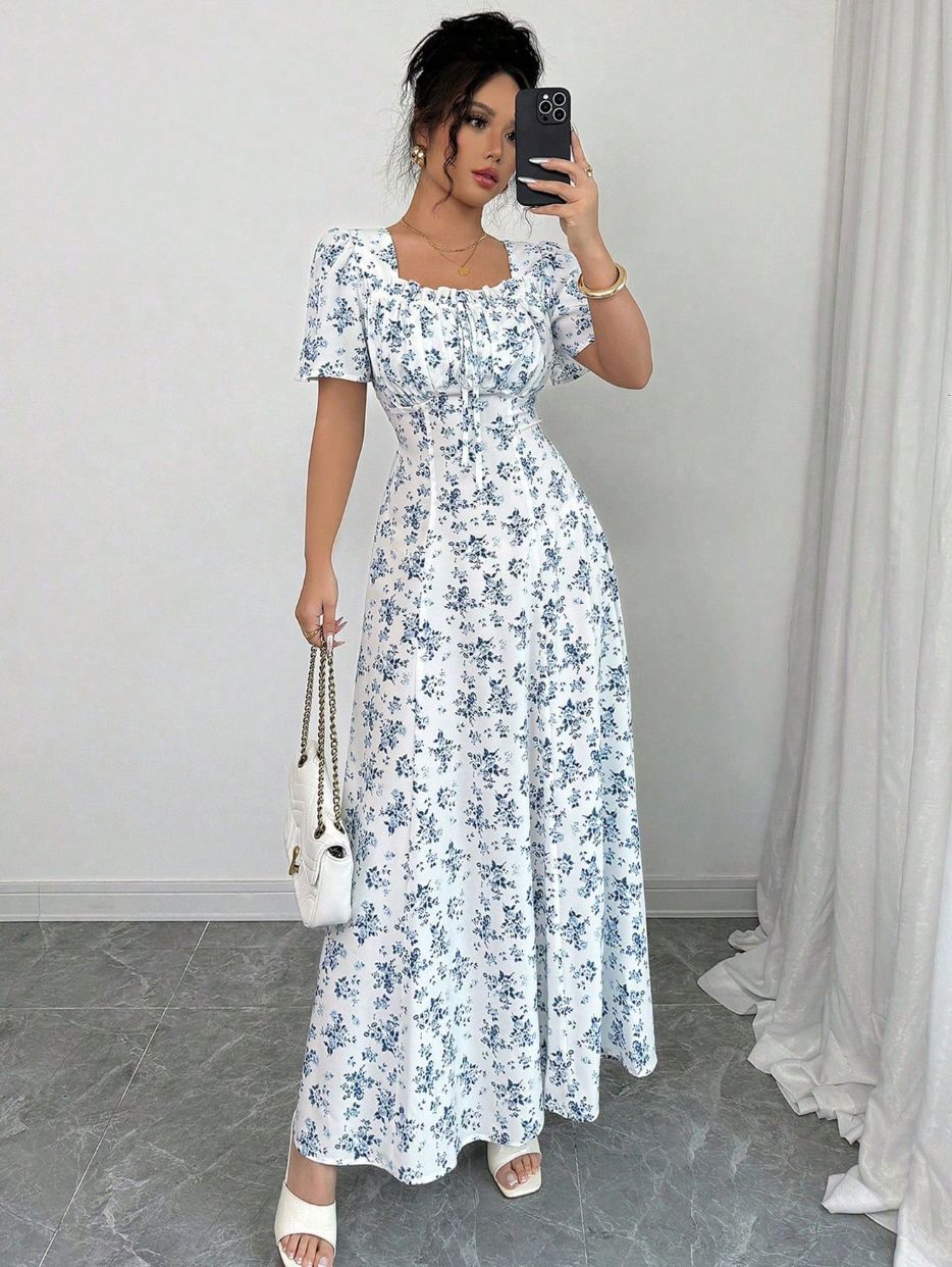 Lea - Florales Maxikleid mit Quadrat-Ausschnitt - Weiß 5