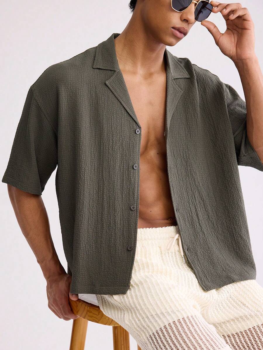 Leon – Herren Oversized Crop Hemd Seersucker Boxy Grün 2
