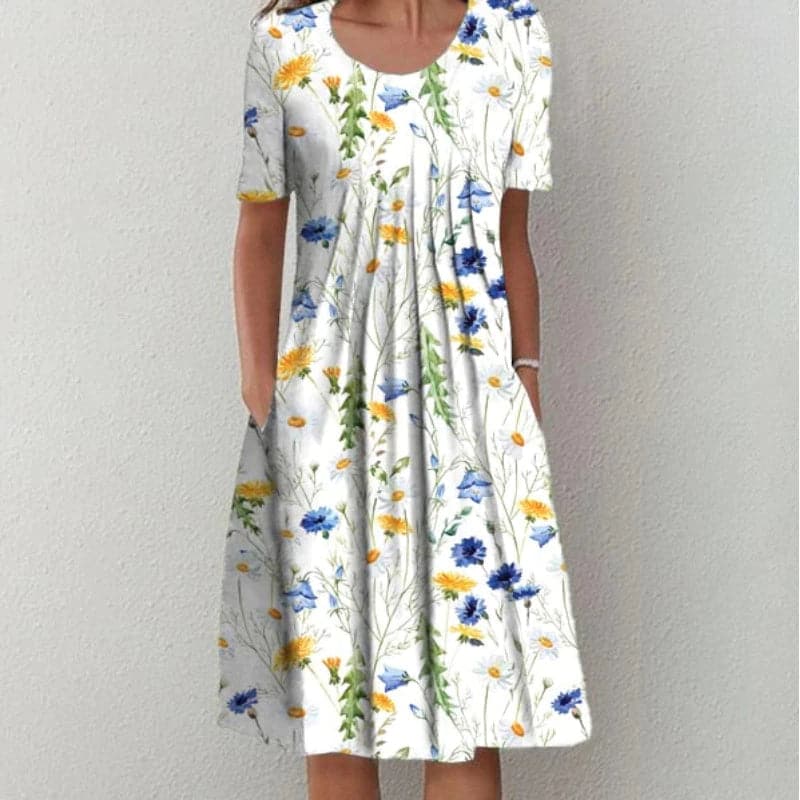 Marie- Hochwertiges Baumwollkleid Weiß-Gelb