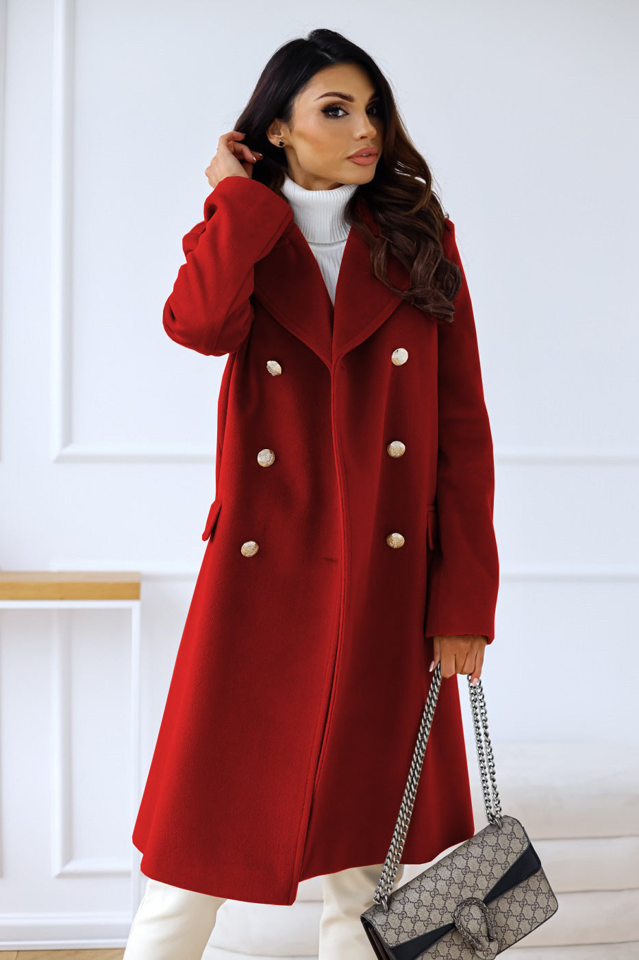 Mathilda - Trenchcoat Damen Elegant Winter Lang Doppelreihig Rot