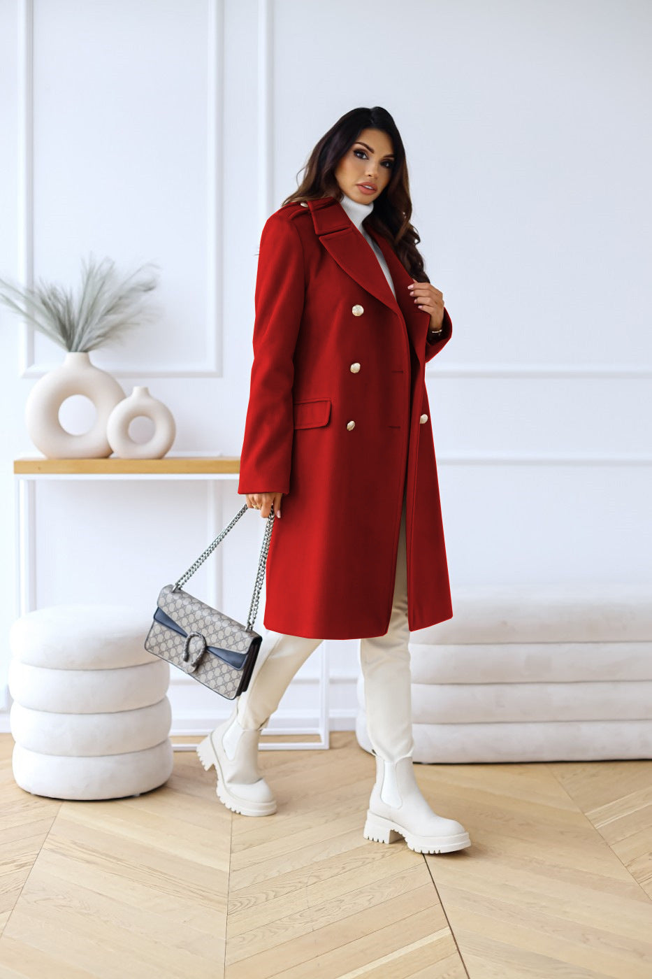 Mathilda - Trenchcoat Damen Elegant Winter Lang Doppelreihig Rot