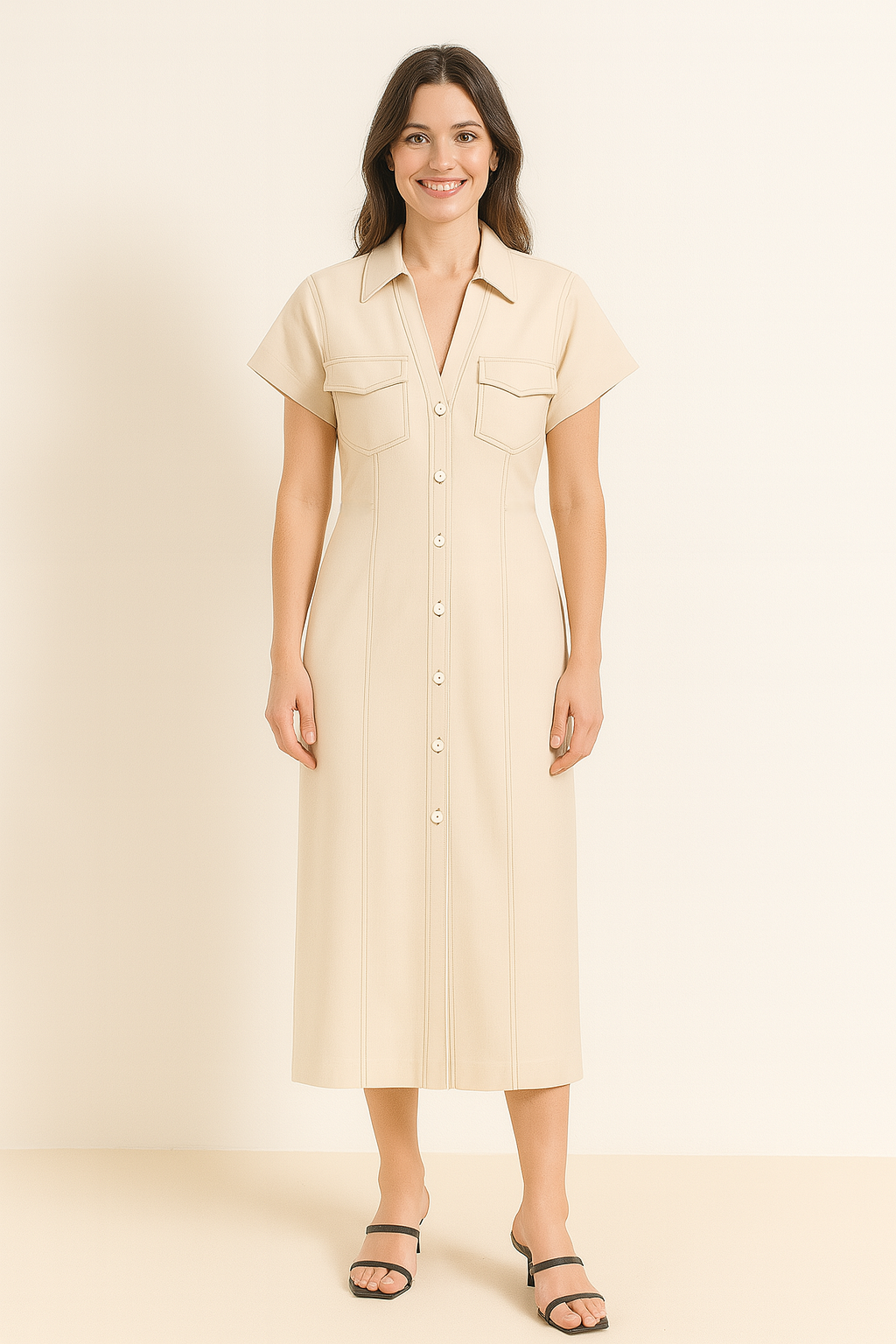 Natasha- Midi Hemdkleid mit Knopfleiste und Raffung Beige