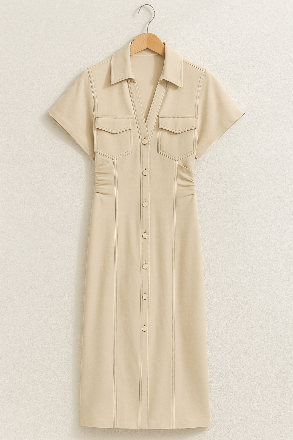 Natasha- Midi Hemdkleid mit Knopfleiste und Raffung Beige 1