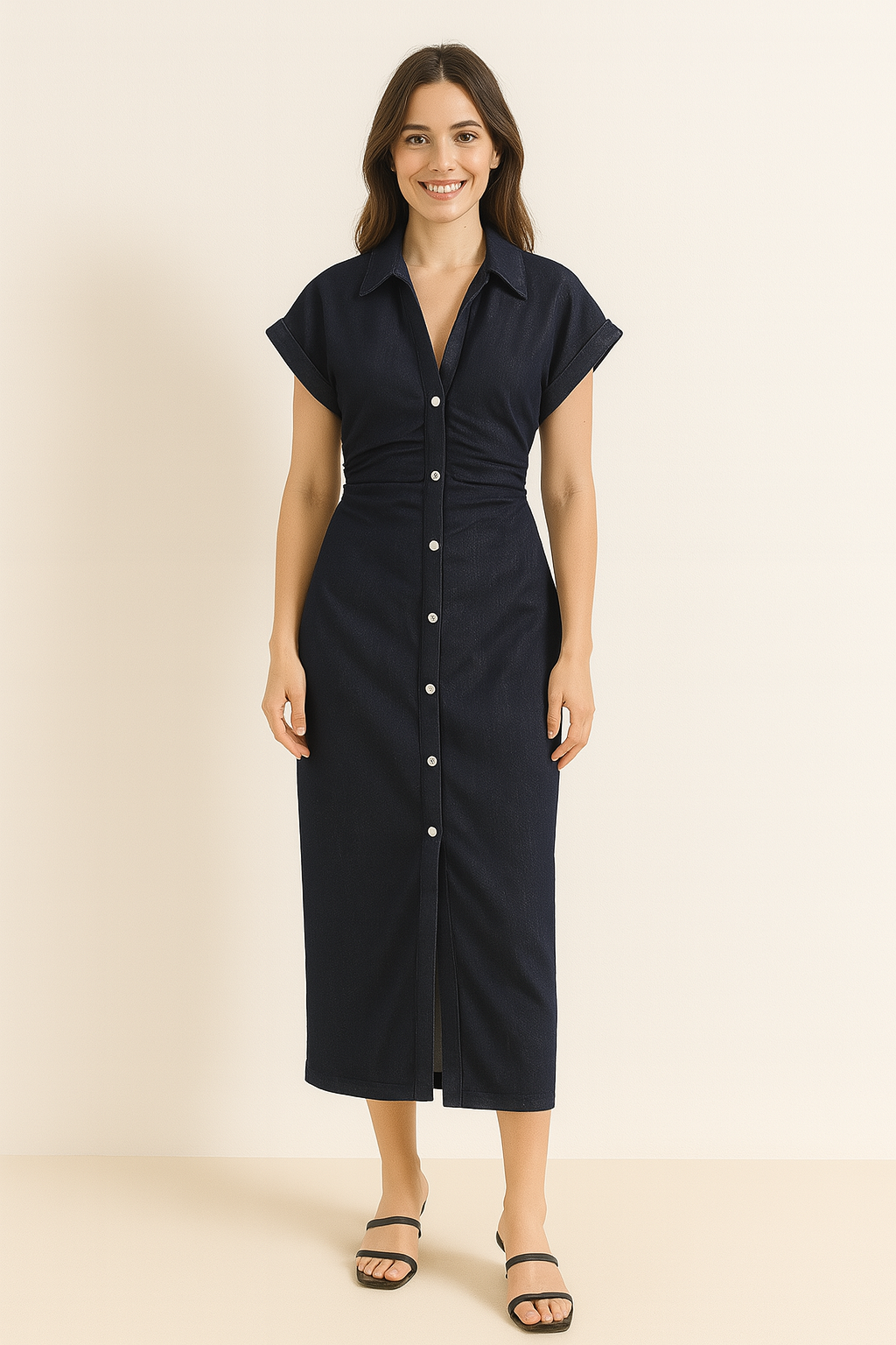 Natasha- Midi Hemdkleid mit Knopfleiste und Raffung Marineblau