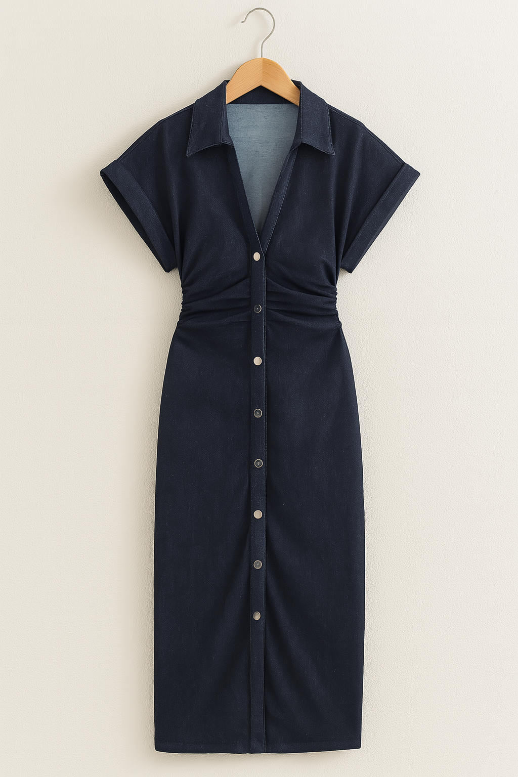 Natasha- Midi Hemdkleid mit Knopfleiste und Raffung Marineblau 1