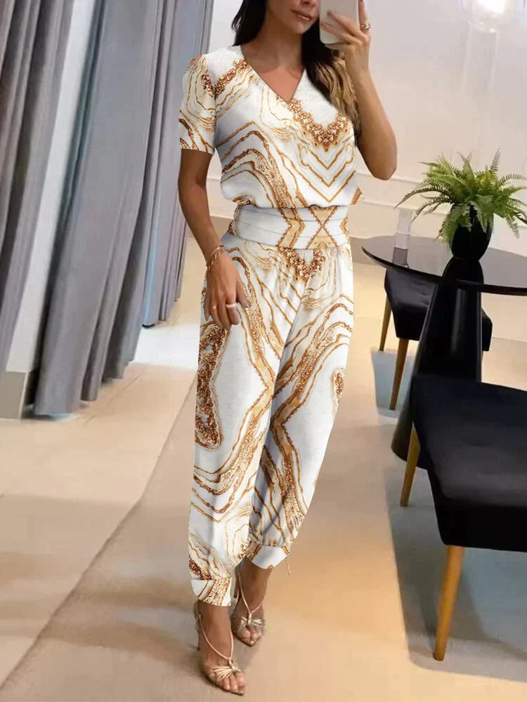 Nathalie - Damen Bluse & Hose Set Weibgold