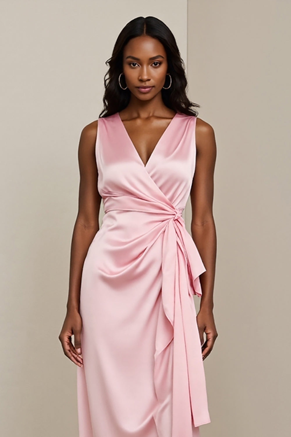 Nevena- Rosa Maxi Arbeitskleid aus Satin mit Rüschen Rosa 1