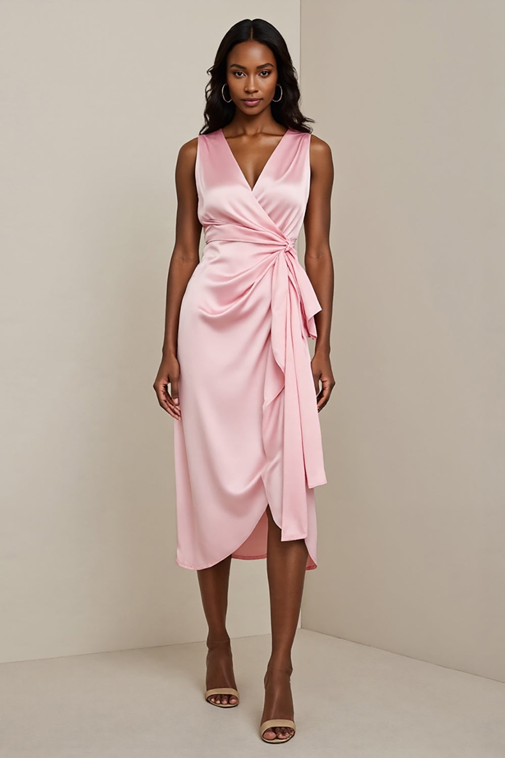 Nevena- Rosa Maxi Arbeitskleid aus Satin mit Rüschen Rosa 3