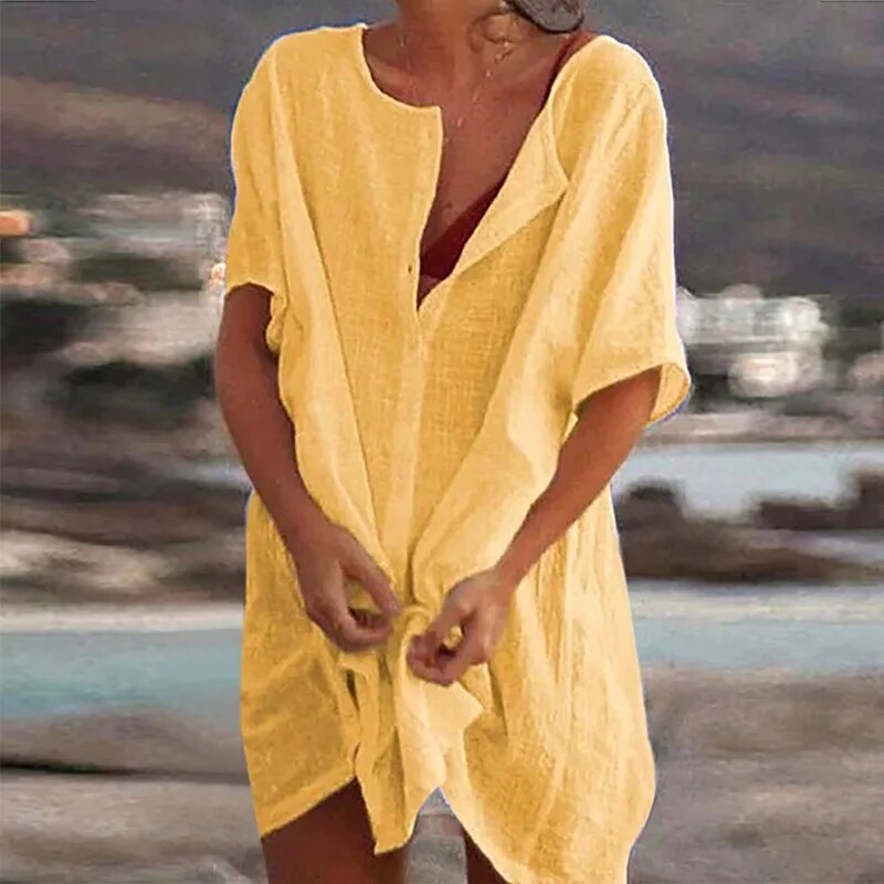 Nika- Baumwoll Leinen Freizeitkleid Gelb