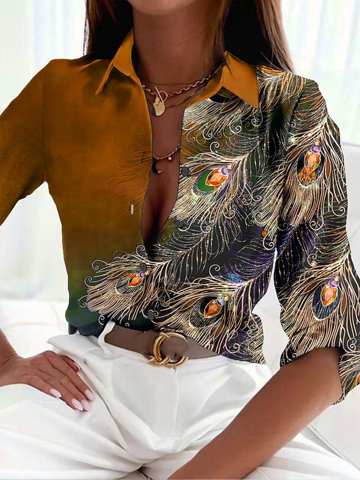 Nora - Bluse mit Federmuster für Damen Braun