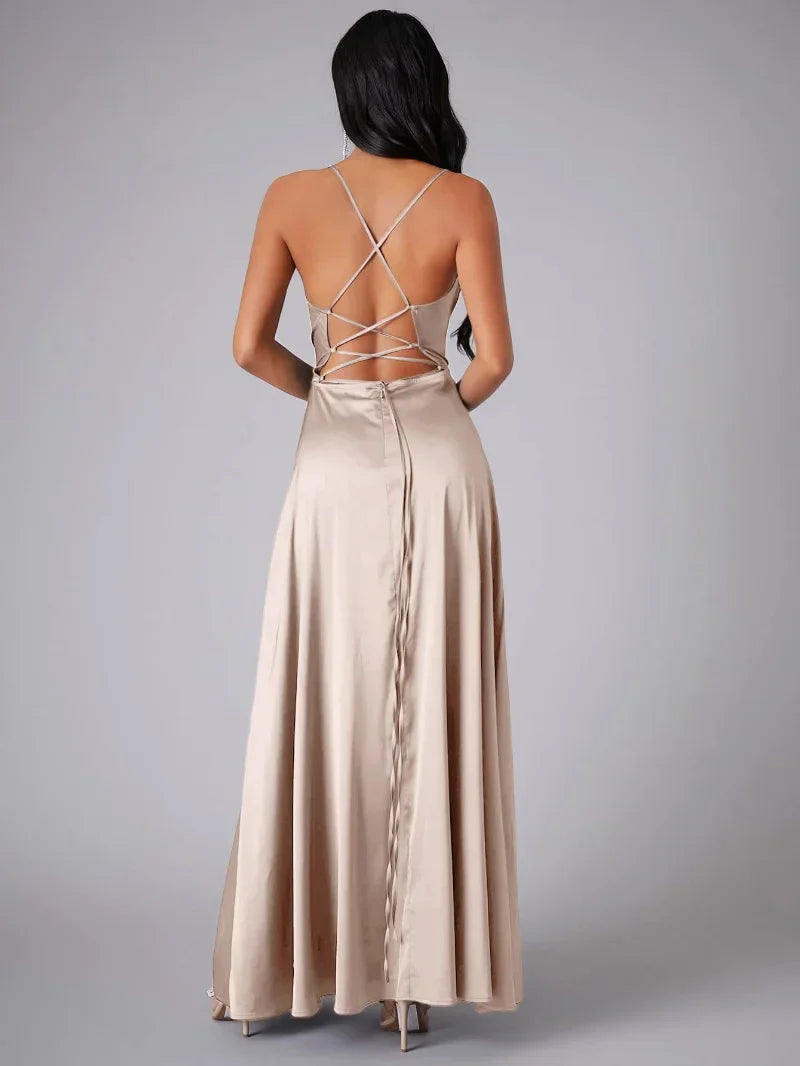 Olga- Maxikleid mit Seidenmuster Hellbraun