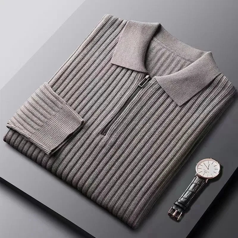 Onufrius - Herren Merino Polopullover mit Reißverschluss Grau