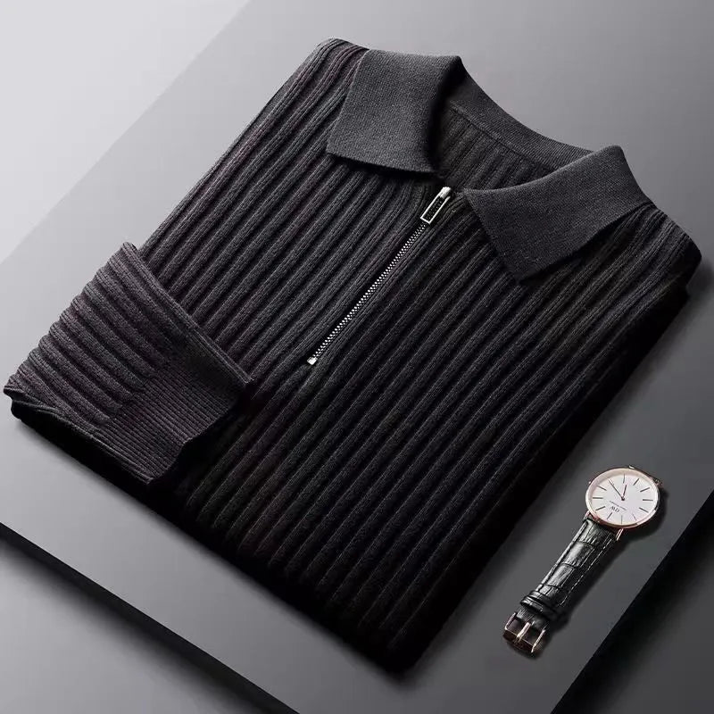 Onufrius - Herren Merino Polopullover mit Reißverschluss Schwarz