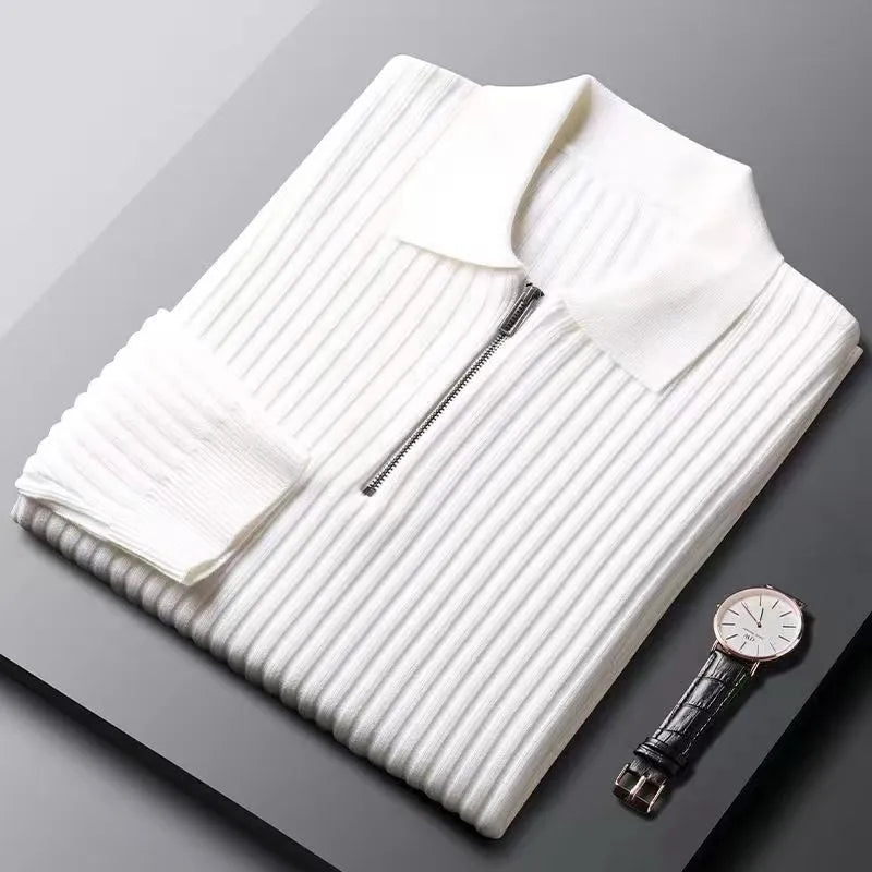 Onufrius - Herren Merino Polopullover mit Reißverschluss Weiß