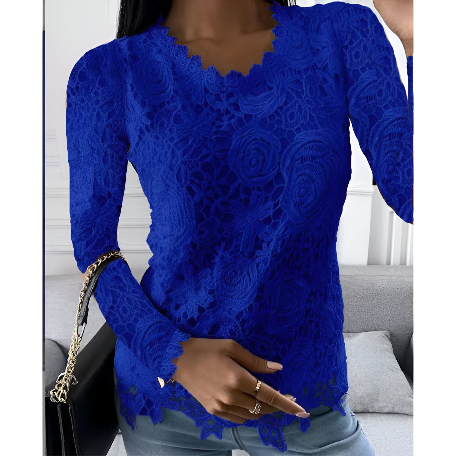 Ozanne- Elegante Spitzen Bluse Mit Langen Ärmeln Blau