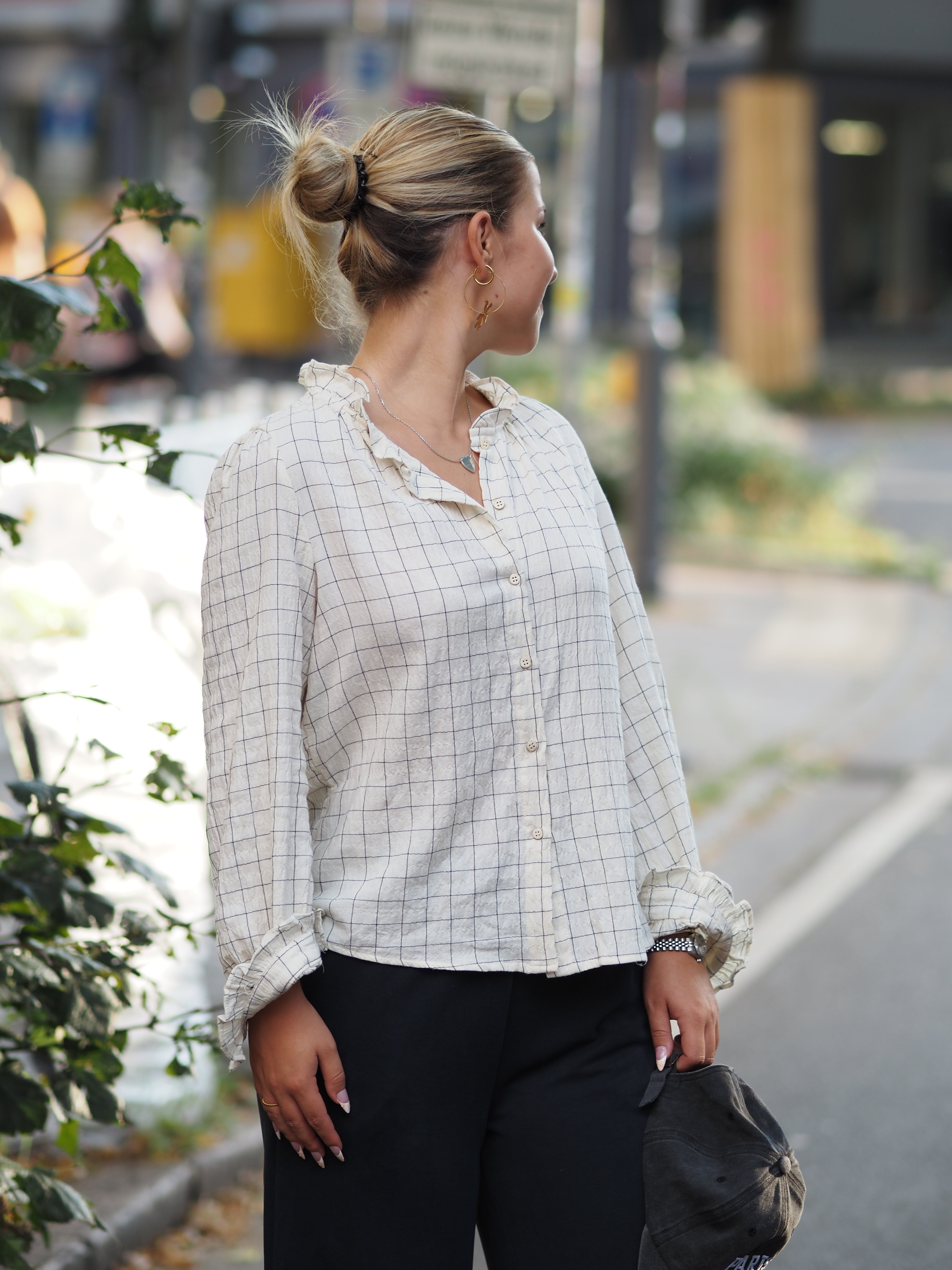 Baumwollbluse Grid, Creme mit Hellgrauem Karomuster