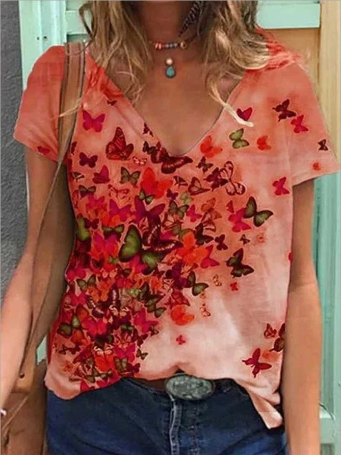 Palmira- Kurzarm-T-Shirt mit V-Ausschnitt und Grafikdruck 13