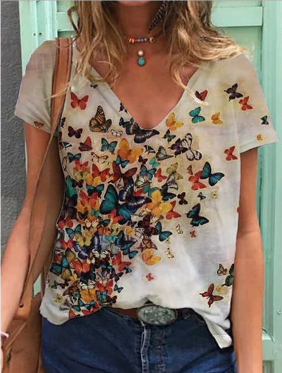 Palmira- Kurzarm-T-Shirt mit V-Ausschnitt und Grafikdruck 14
