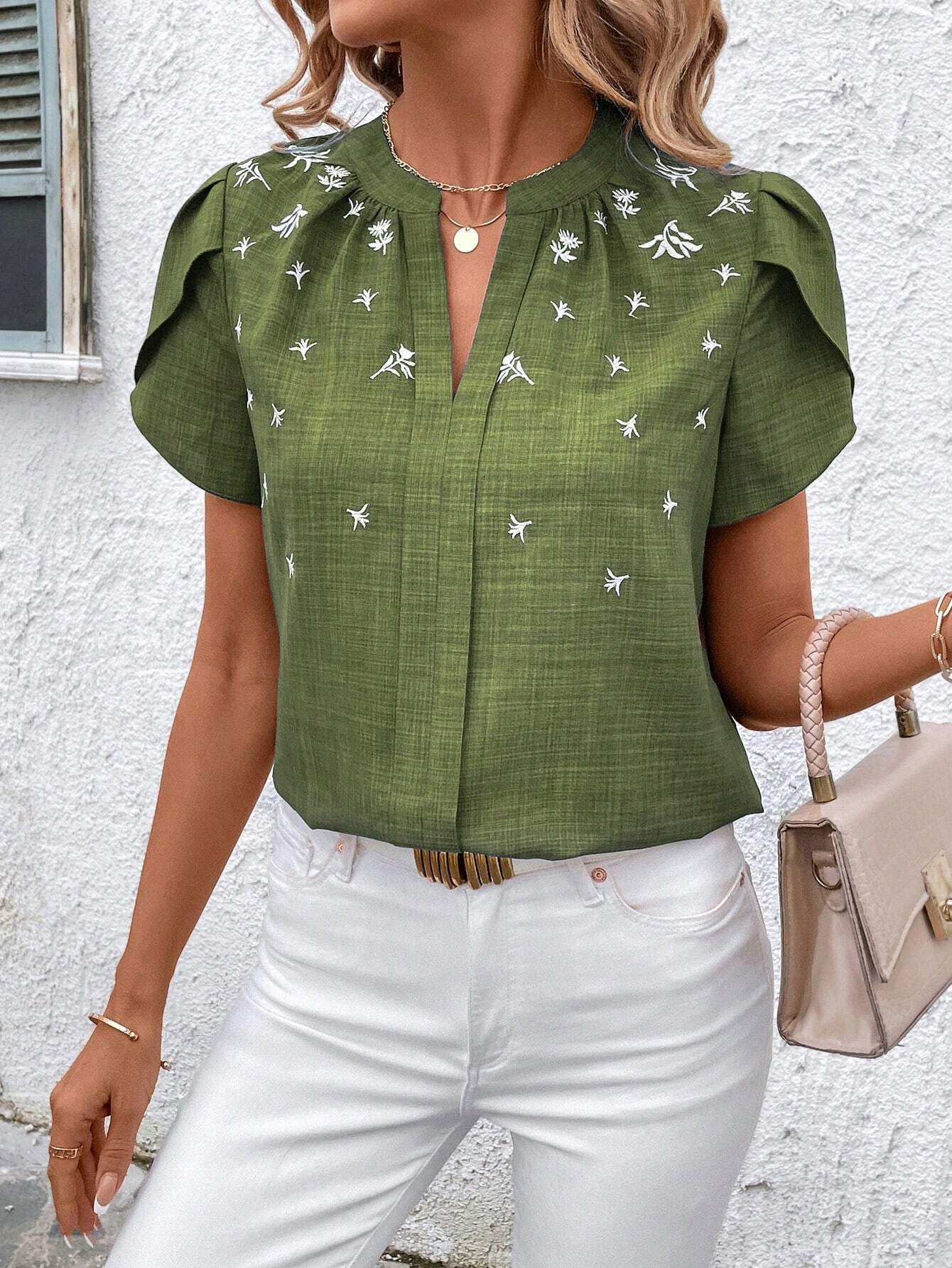 Patricia- Kurzärmelige Bluse mit Stickerei Grün