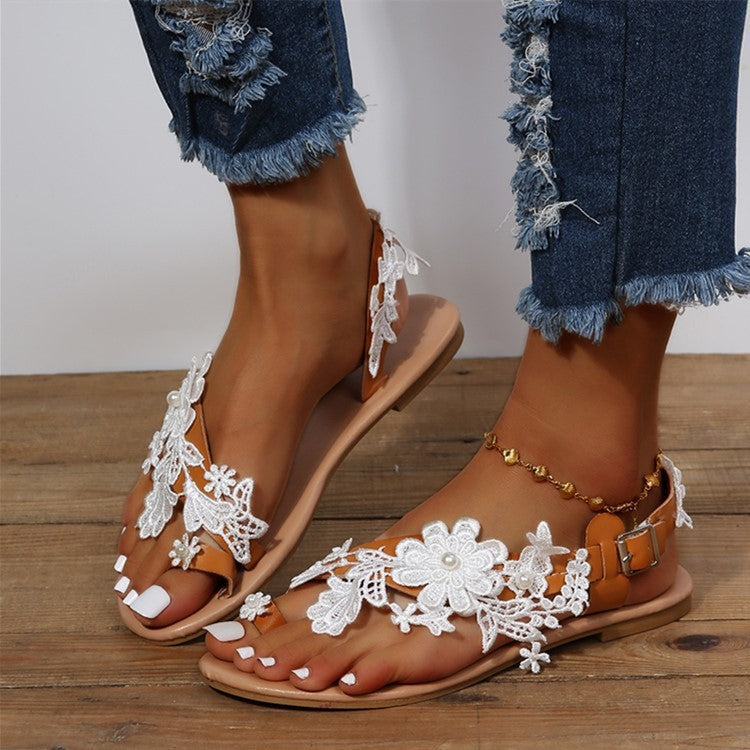 Pia - Bequeme Damen Sandalen mit Blumen & Knöchelriemen WeiB