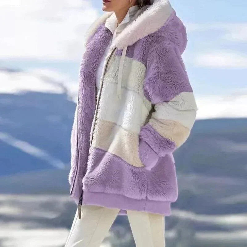 Raphaela - Damen Tweed Jacke Kapuze Warm Plüsch Violett